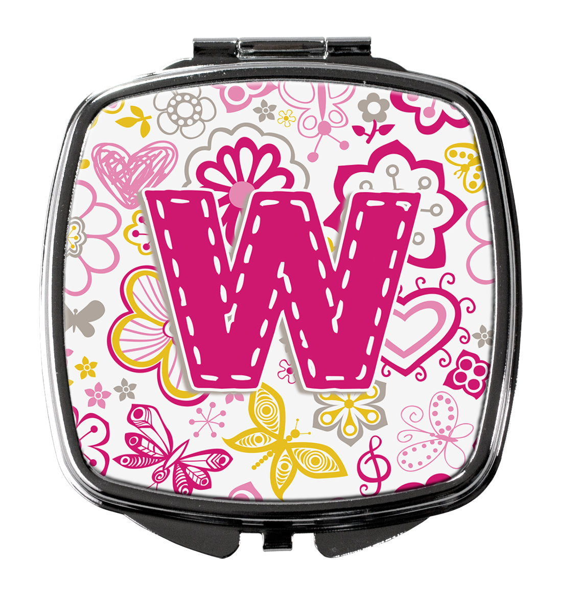 Letter W Flowers and Butterflies Pink Compact Mirror Decorative Travel Makeup Mirror for Women Girls Gifts Pocket Makeup Mirror Folding Handheld