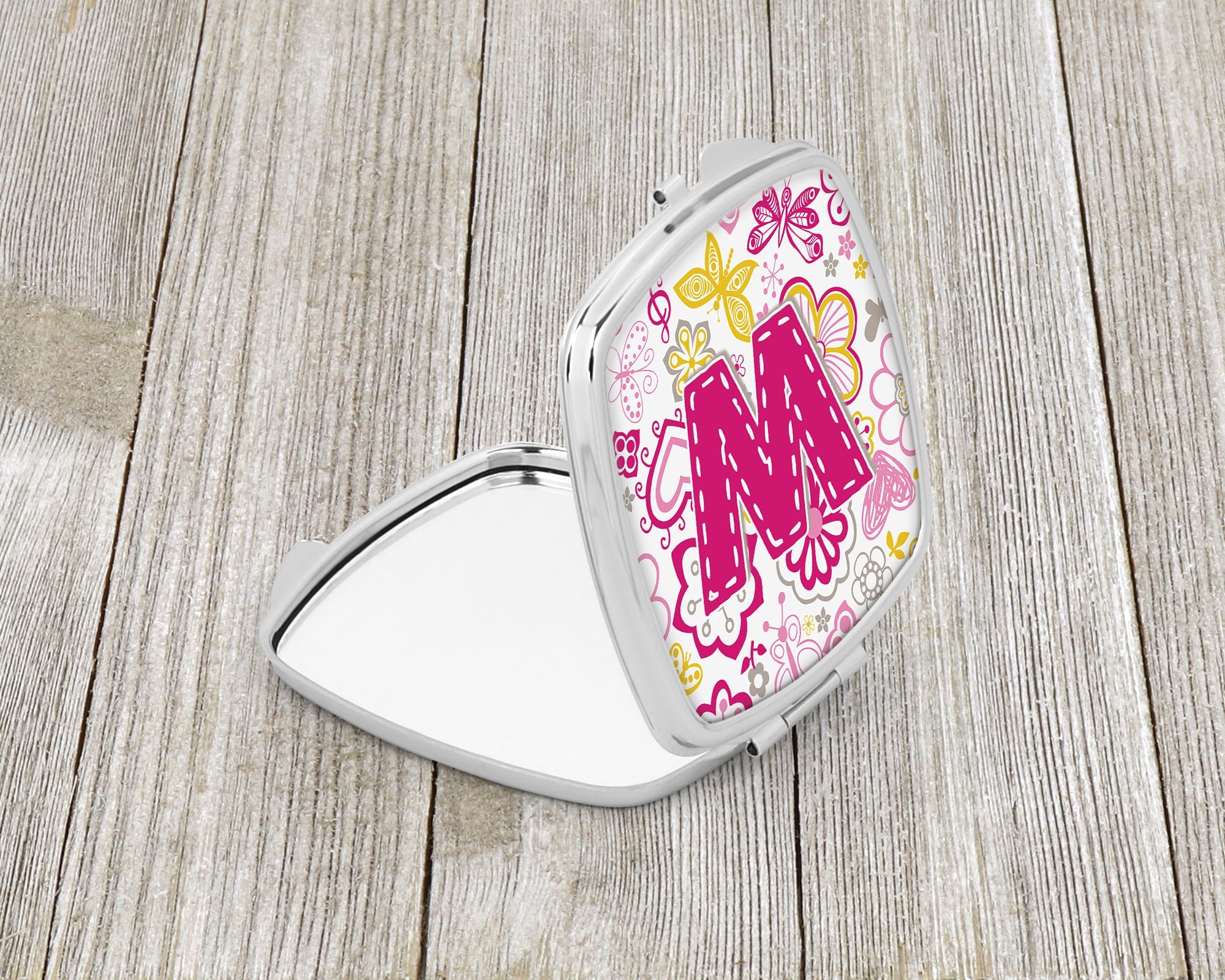 Letter W Flowers and Butterflies Pink Compact Mirror Decorative Travel Makeup Mirror for Women Girls Gifts Pocket Makeup Mirror Folding Handheld