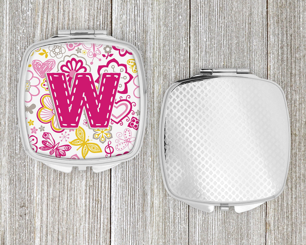 Letter W Flowers and Butterflies Pink Compact Mirror Decorative Travel Makeup Mirror for Women Girls Gifts Pocket Makeup Mirror Folding Handheld