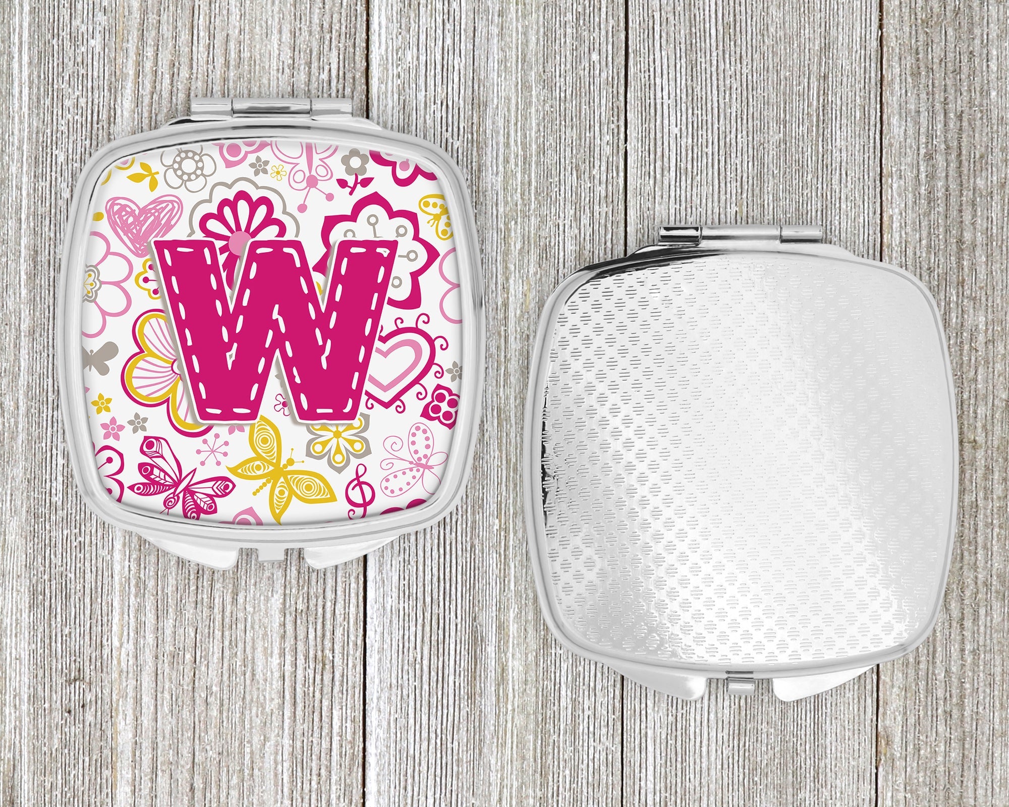 Letter W Flowers and Butterflies Pink Compact Mirror Decorative Travel Makeup Mirror for Women Girls Gifts Pocket Makeup Mirror Folding Handheld