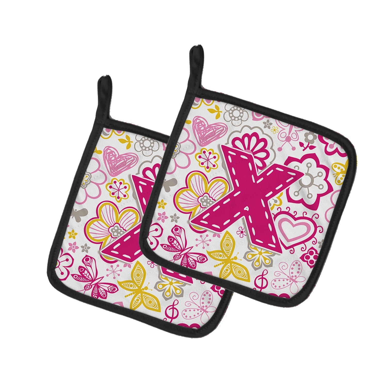 Letter X Flowers and Butterflies Pink Pot Holder Set of 2 Heat Resistant Quilted Hot Pads 7.5 x 7.5 Inch, Insulated Kitchen Trivets for Cooking & Baking