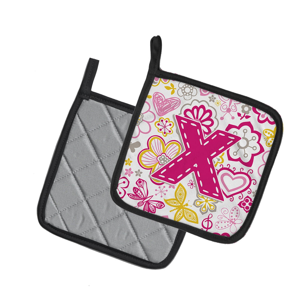 Letter X Flowers and Butterflies Pink Pot Holder Set of 2 Heat Resistant Quilted Hot Pads 7.5 x 7.5 Inch, Insulated Kitchen Trivets for Cooking & Baking