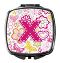 Letter X Flowers and Butterflies Pink Compact Mirror Decorative Travel Makeup Mirror for Women Girls Gifts Pocket Makeup Mirror Folding Handheld