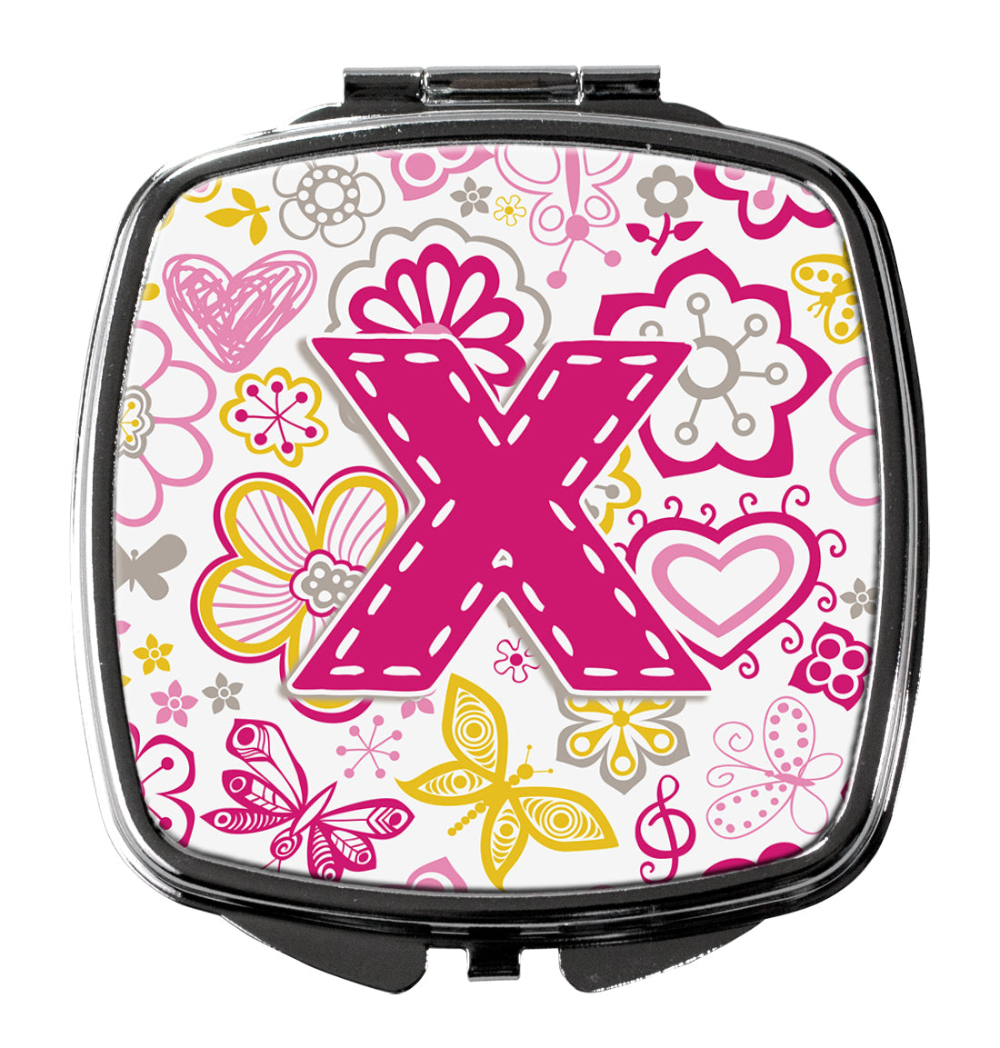 Letter X Flowers and Butterflies Pink Compact Mirror Decorative Travel Makeup Mirror for Women Girls Gifts Pocket Makeup Mirror Folding Handheld