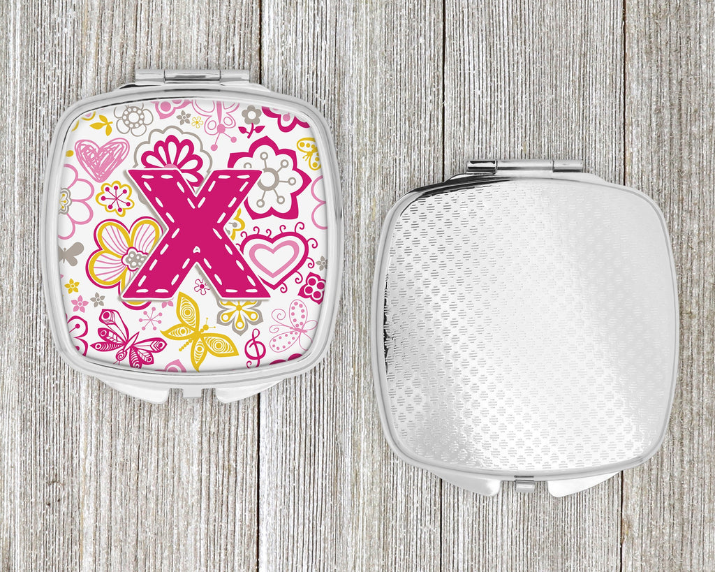 Letter X Flowers and Butterflies Pink Compact Mirror Decorative Travel Makeup Mirror for Women Girls Gifts Pocket Makeup Mirror Folding Handheld