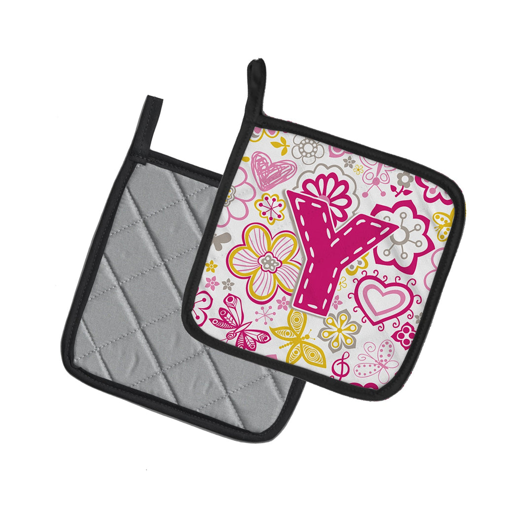 Letter Y Flowers and Butterflies Pink Pot Holder Set of 2 Heat Resistant Quilted Hot Pads 7.5 x 7.5 Inch, Insulated Kitchen Trivets for Cooking & Baking