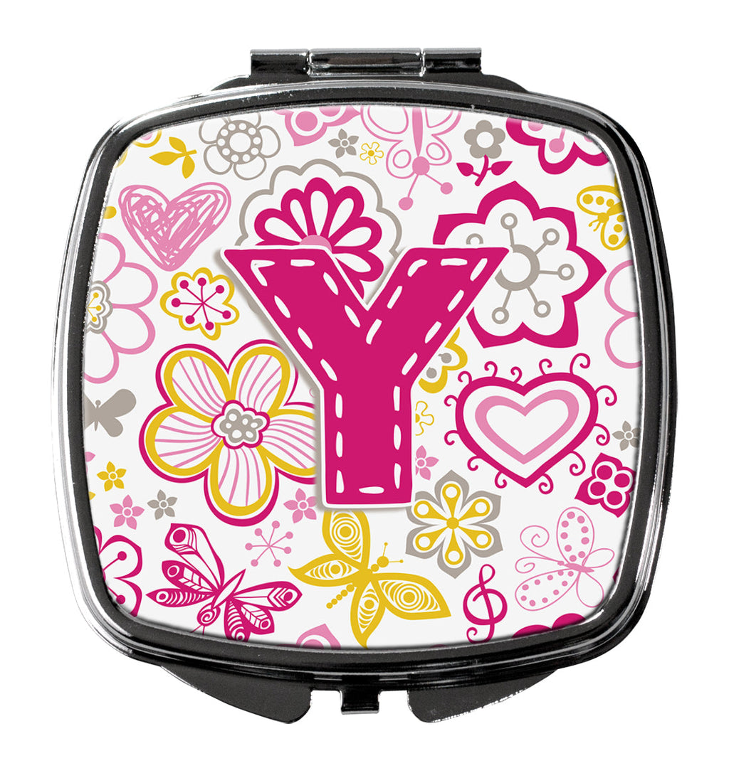 Letter Y Flowers and Butterflies Pink Compact Mirror Decorative Travel Makeup Mirror for Women Girls Gifts Pocket Makeup Mirror Folding Handheld