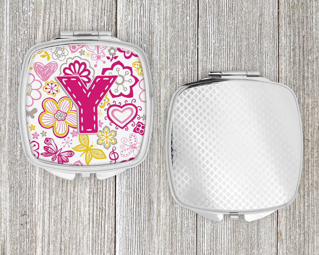 Letter Y Flowers and Butterflies Pink Compact Mirror Decorative Travel Makeup Mirror for Women Girls Gifts Pocket Makeup Mirror Folding Handheld