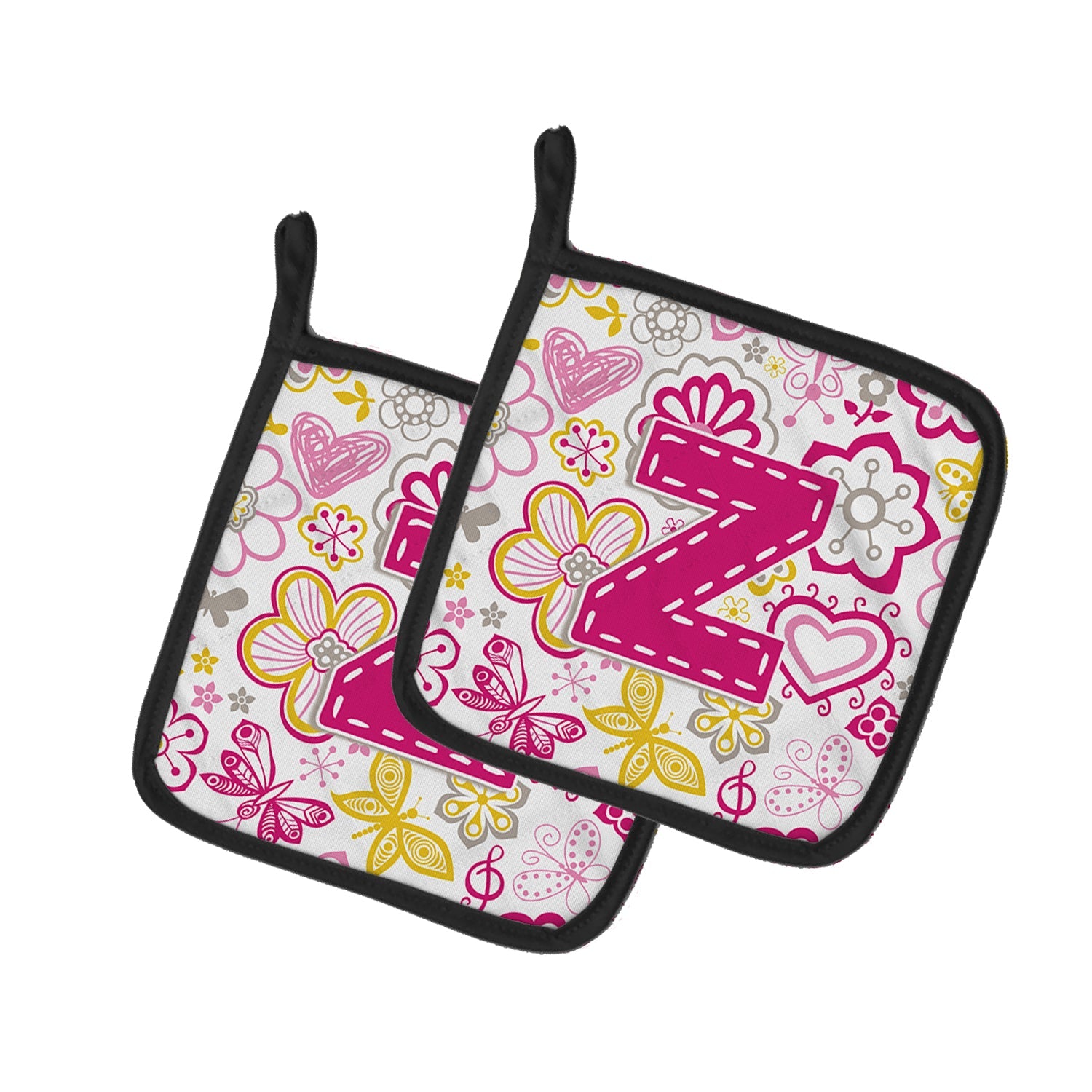 Letter Z Flowers and Butterflies Pink Pot Holder Set of 2 Heat Resistant Quilted Hot Pads 7.5 x 7.5 Inch, Insulated Kitchen Trivets for Cooking & Baking