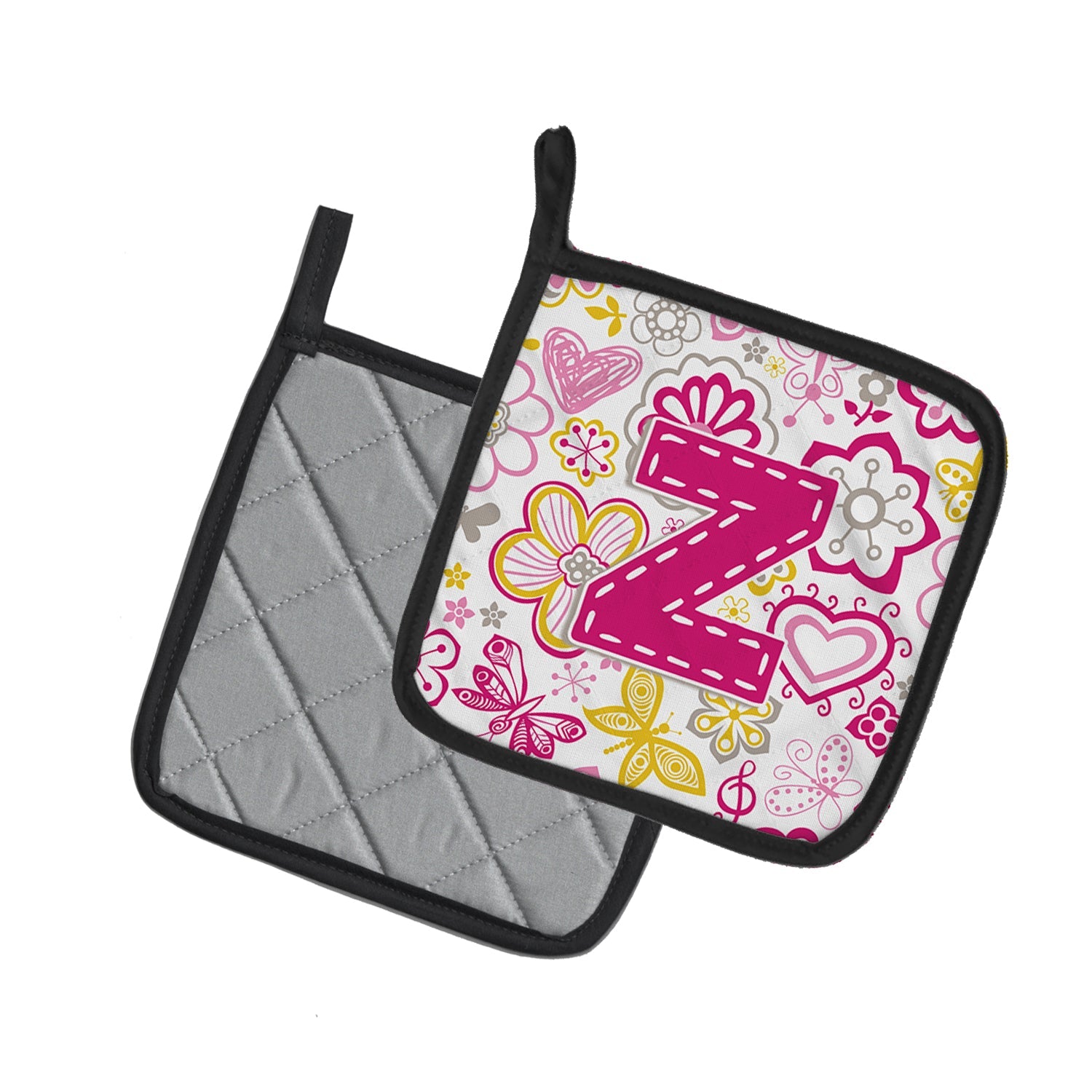 Letter Z Flowers and Butterflies Pink Pot Holder Set of 2 Heat Resistant Quilted Hot Pads 7.5 x 7.5 Inch, Insulated Kitchen Trivets for Cooking & Baking