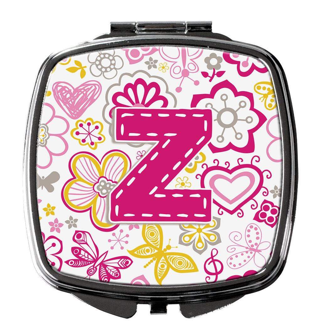 Letter Z Flowers and Butterflies Pink Compact Mirror Decorative Travel Makeup Mirror for Women Girls Gifts Pocket Makeup Mirror Folding Handheld