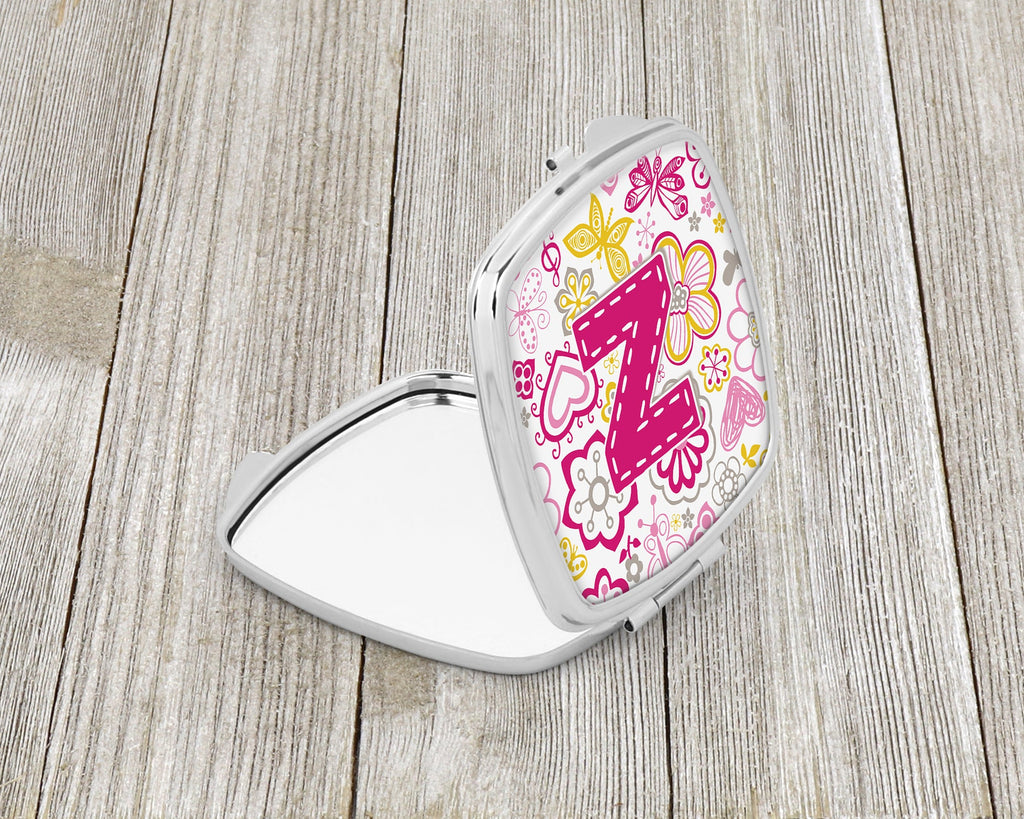 Letter Z Flowers and Butterflies Pink Compact Mirror Decorative Travel Makeup Mirror for Women Girls Gifts Pocket Makeup Mirror Folding Handheld