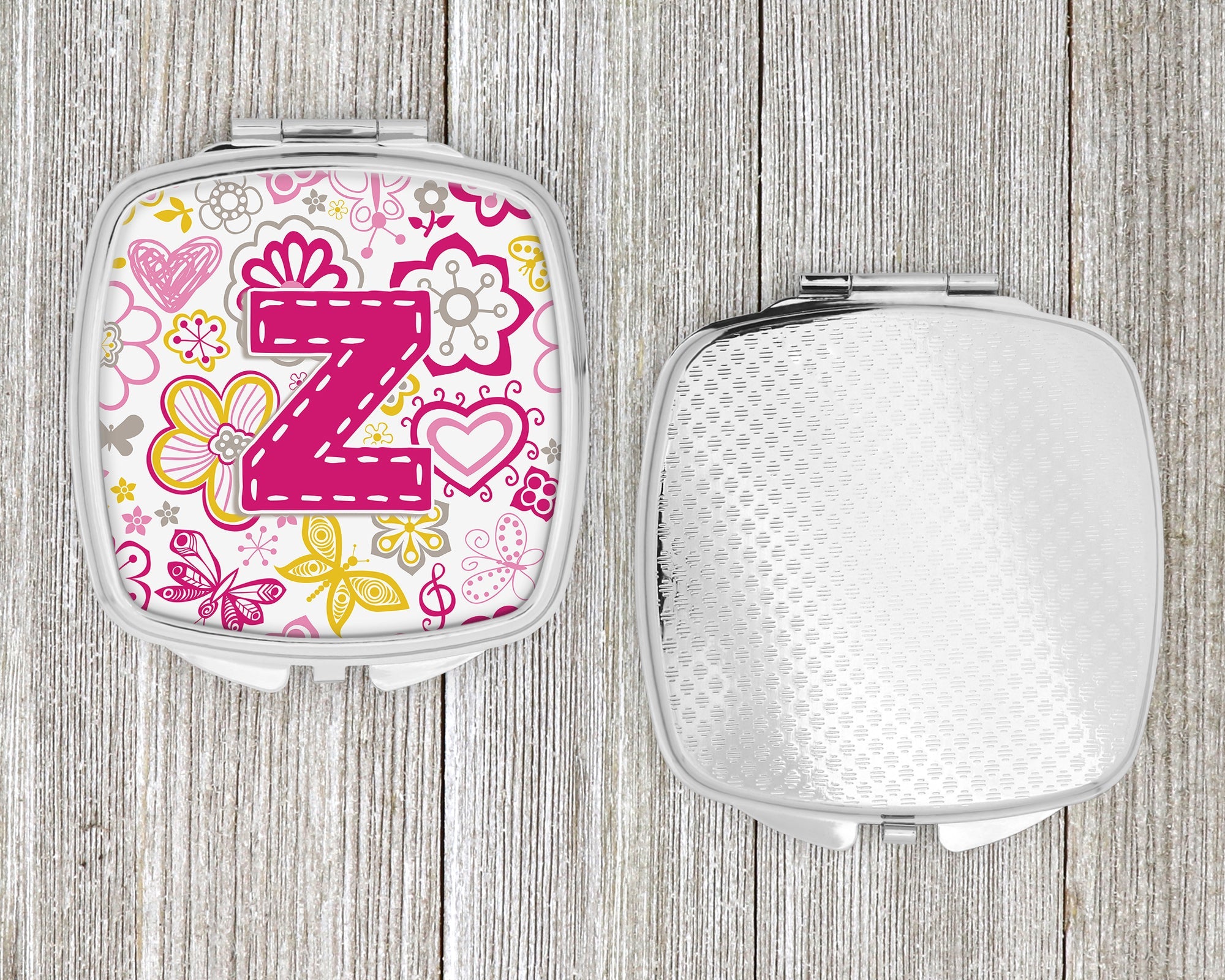 Letter Z Flowers and Butterflies Pink Compact Mirror Decorative Travel Makeup Mirror for Women Girls Gifts Pocket Makeup Mirror Folding Handheld