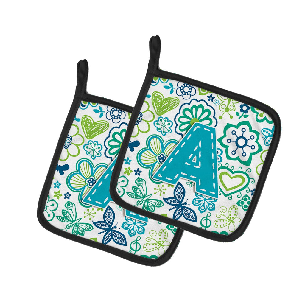Letter A Flowers and Butterflies Teal Blue Pot Holder Set of 2 Heat Resistant Quilted Hot Pads 7.5 x 7.5 Inch, Insulated Kitchen Trivets for Cooking & Baking