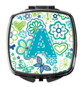 Letter A Flowers and Butterflies Teal Blue Compact Mirror Decorative Travel Makeup Mirror for Women Girls Gifts Pocket Makeup Mirror Folding Handheld