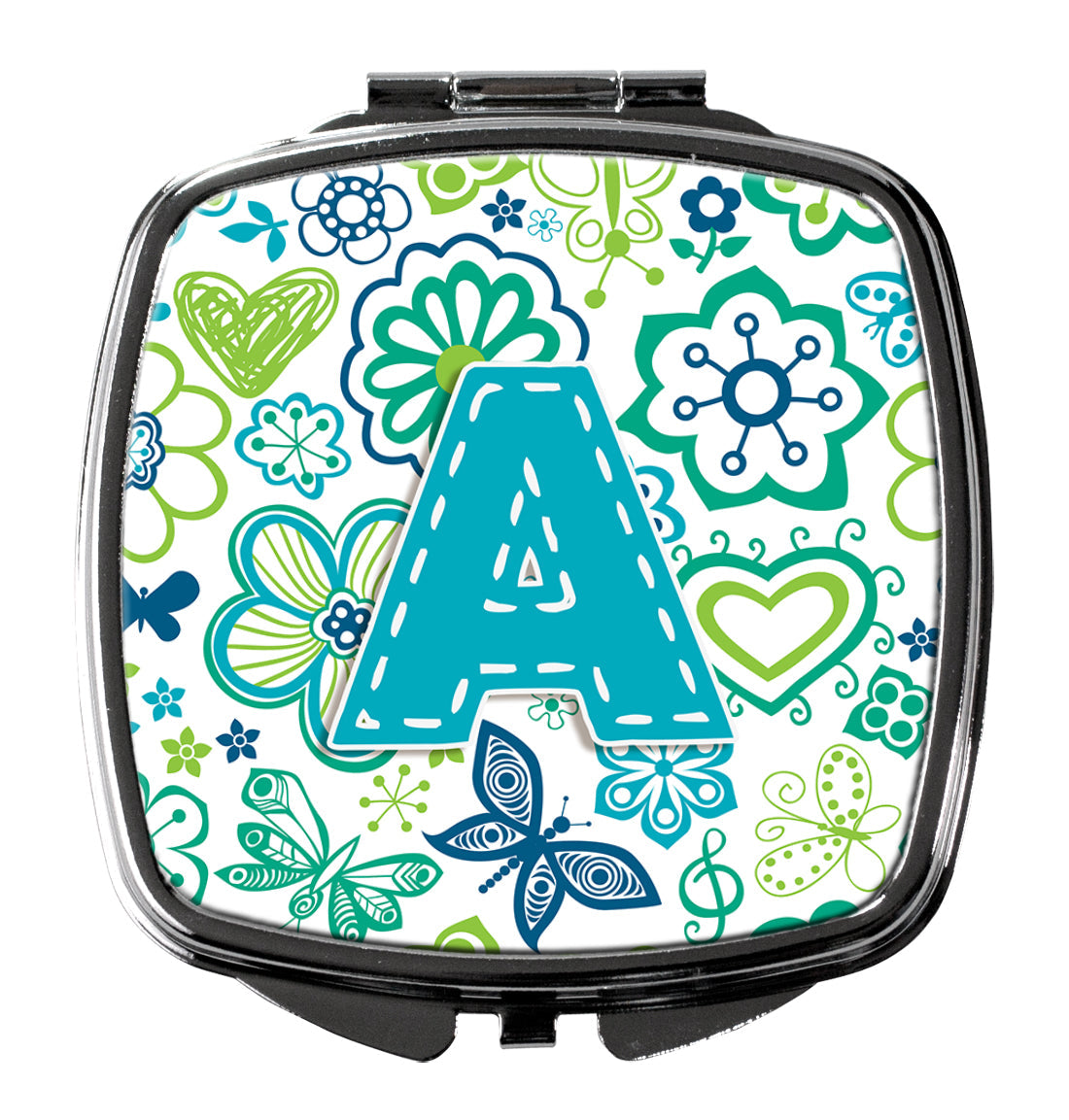 Letter A Flowers and Butterflies Teal Blue Compact Mirror Decorative Travel Makeup Mirror for Women Girls Gifts Pocket Makeup Mirror Folding Handheld