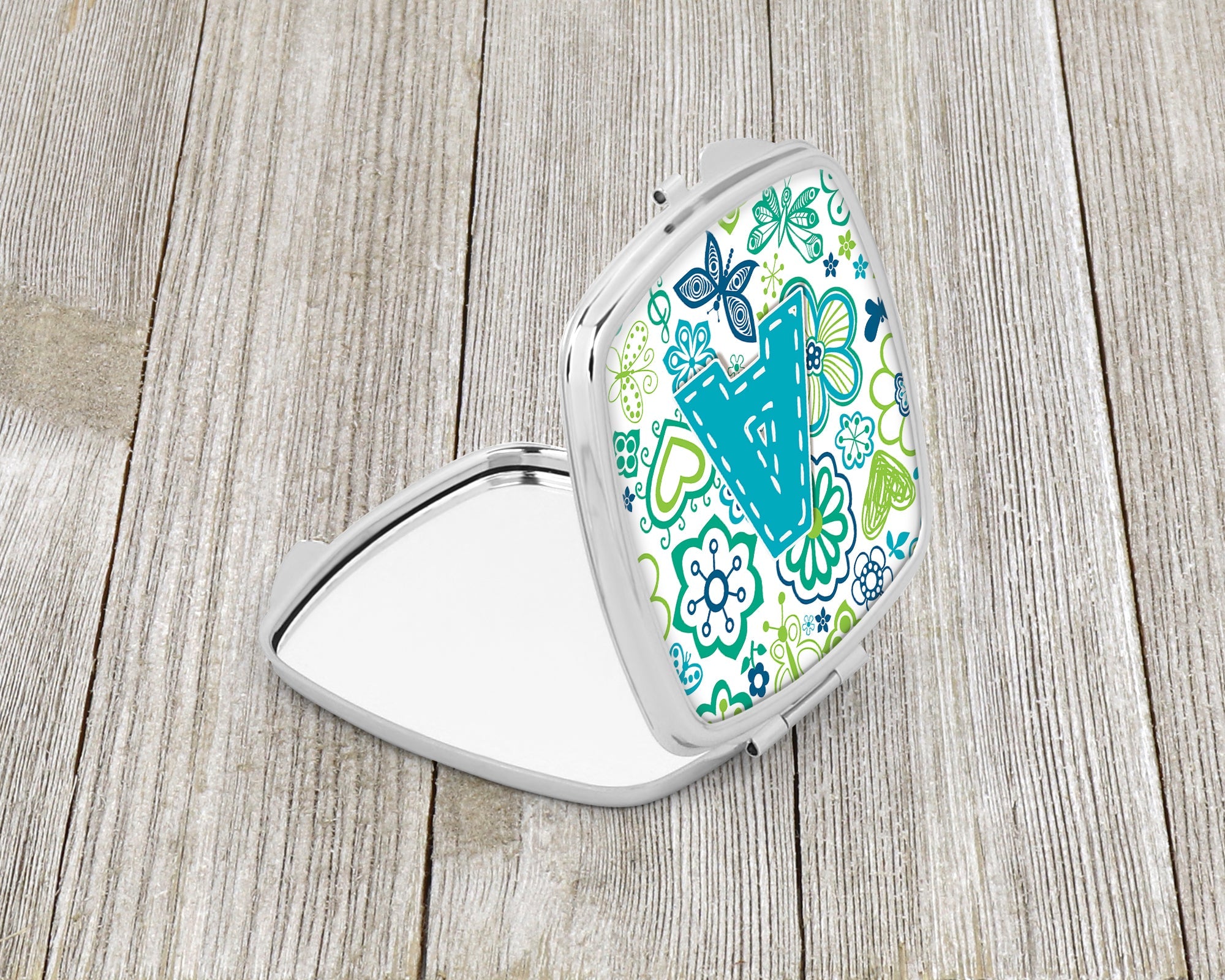Letter A Flowers and Butterflies Teal Blue Compact Mirror Decorative Travel Makeup Mirror for Women Girls Gifts Pocket Makeup Mirror Folding Handheld