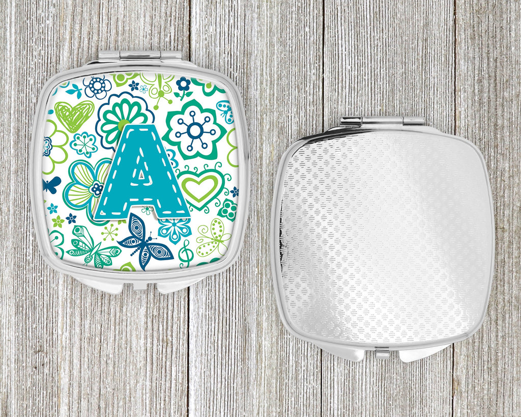 Letter A Flowers and Butterflies Teal Blue Compact Mirror Decorative Travel Makeup Mirror for Women Girls Gifts Pocket Makeup Mirror Folding Handheld