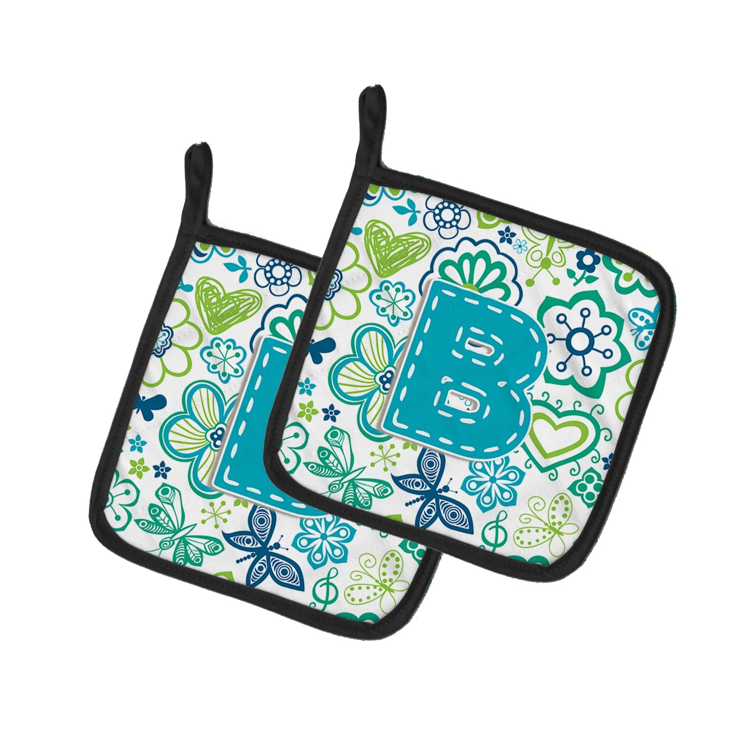 Letter B Flowers and Butterflies Teal Blue Pot Holder Set of 2 Heat Resistant Quilted Hot Pads 7.5 x 7.5 Inch, Insulated Kitchen Trivets for Cooking & Baking
