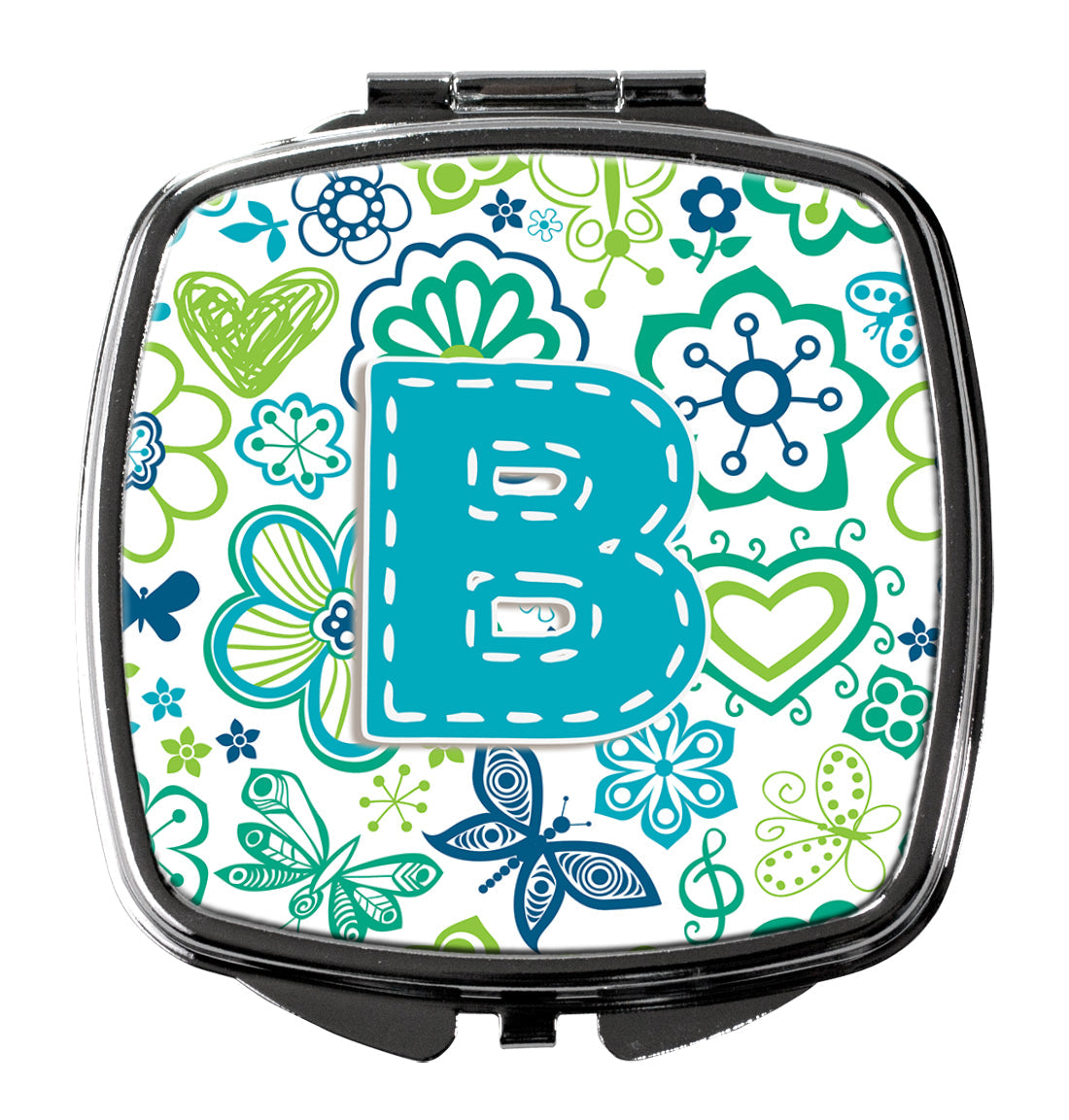 Letter B Flowers and Butterflies Teal Blue Compact Mirror Decorative Travel Makeup Mirror for Women Girls Gifts Pocket Makeup Mirror Folding Handheld