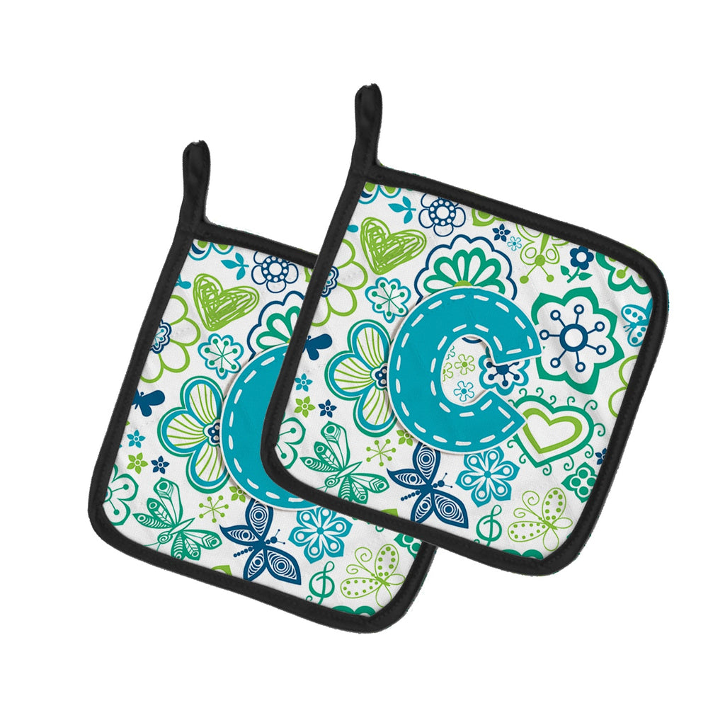 Letter C Flowers and Butterflies Teal Blue Pot Holder Set of 2 Heat Resistant Quilted Hot Pads 7.5 x 7.5 Inch, Insulated Kitchen Trivets for Cooking & Baking