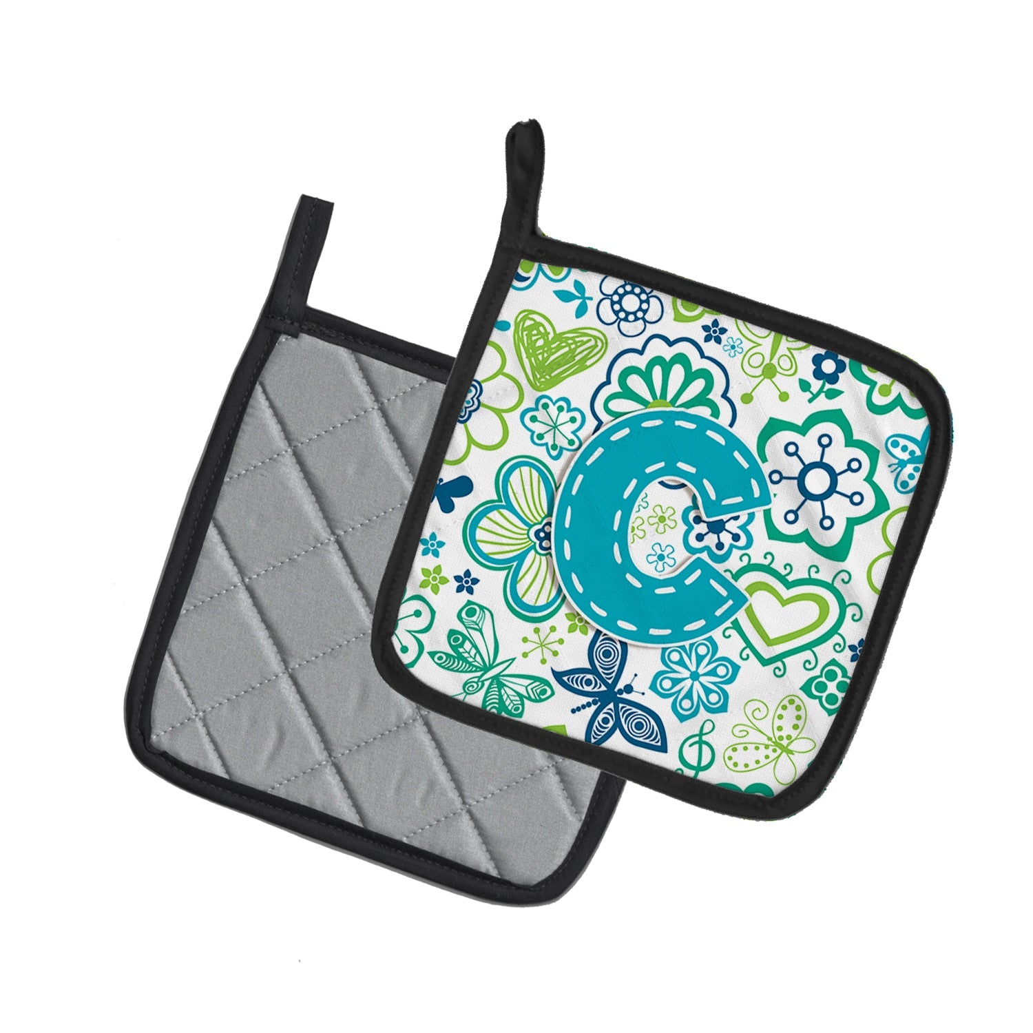 Letter C Flowers and Butterflies Teal Blue Pot Holder Set of 2 Heat Resistant Quilted Hot Pads 7.5 x 7.5 Inch, Insulated Kitchen Trivets for Cooking & Baking