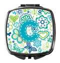 Letter C Flowers and Butterflies Teal Blue Compact Mirror Decorative Travel Makeup Mirror for Women Girls Gifts Pocket Makeup Mirror Folding Handheld