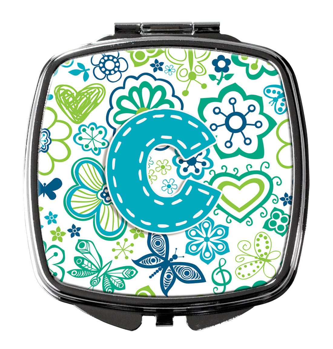 Letter C Flowers and Butterflies Teal Blue Compact Mirror Decorative Travel Makeup Mirror for Women Girls Gifts Pocket Makeup Mirror Folding Handheld