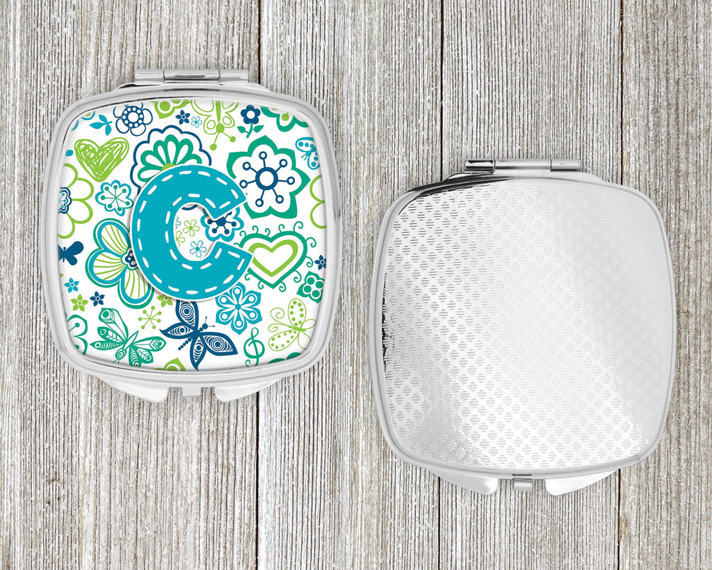 Letter C Flowers and Butterflies Teal Blue Compact Mirror Decorative Travel Makeup Mirror for Women Girls Gifts Pocket Makeup Mirror Folding Handheld