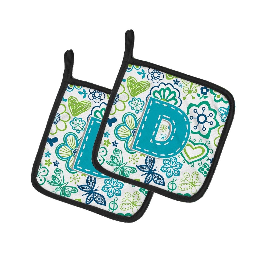 Letter D Flowers and Butterflies Teal Blue Pot Holder Set of 2 Heat Resistant Quilted Hot Pads 7.5 x 7.5 Inch, Insulated Kitchen Trivets for Cooking & Baking