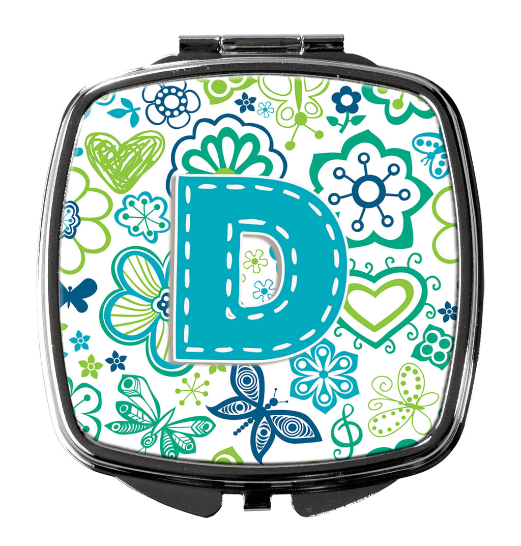 Letter D Flowers and Butterflies Teal Blue Compact Mirror Decorative Travel Makeup Mirror for Women Girls Gifts Pocket Makeup Mirror Folding Handheld