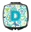 Letter D Flowers and Butterflies Teal Blue Compact Mirror Decorative Travel Makeup Mirror for Women Girls Gifts Pocket Makeup Mirror Folding Handheld