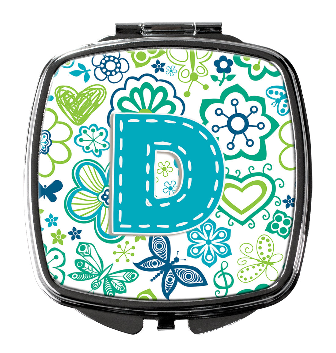 Letter D Flowers and Butterflies Teal Blue Compact Mirror Decorative Travel Makeup Mirror for Women Girls Gifts Pocket Makeup Mirror Folding Handheld