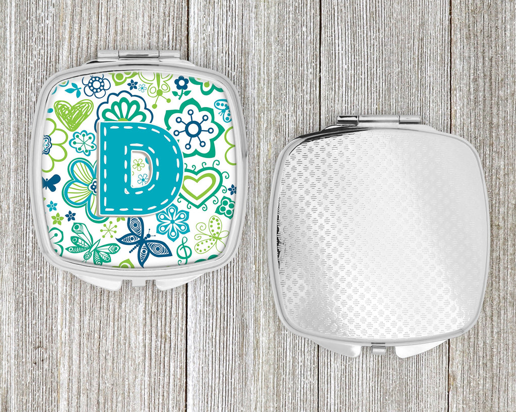 Letter D Flowers and Butterflies Teal Blue Compact Mirror Decorative Travel Makeup Mirror for Women Girls Gifts Pocket Makeup Mirror Folding Handheld