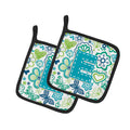 Letter E Flowers and Butterflies Teal Blue Pot Holder Set of 2 Heat Resistant Quilted Hot Pads 7.5 x 7.5 Inch, Insulated Kitchen Trivets for Cooking & Baking