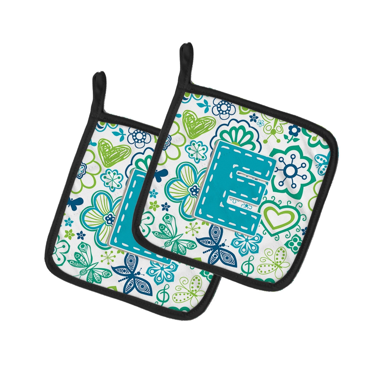 Letter E Flowers and Butterflies Teal Blue Pot Holder Set of 2 Heat Resistant Quilted Hot Pads 7.5 x 7.5 Inch, Insulated Kitchen Trivets for Cooking & Baking
