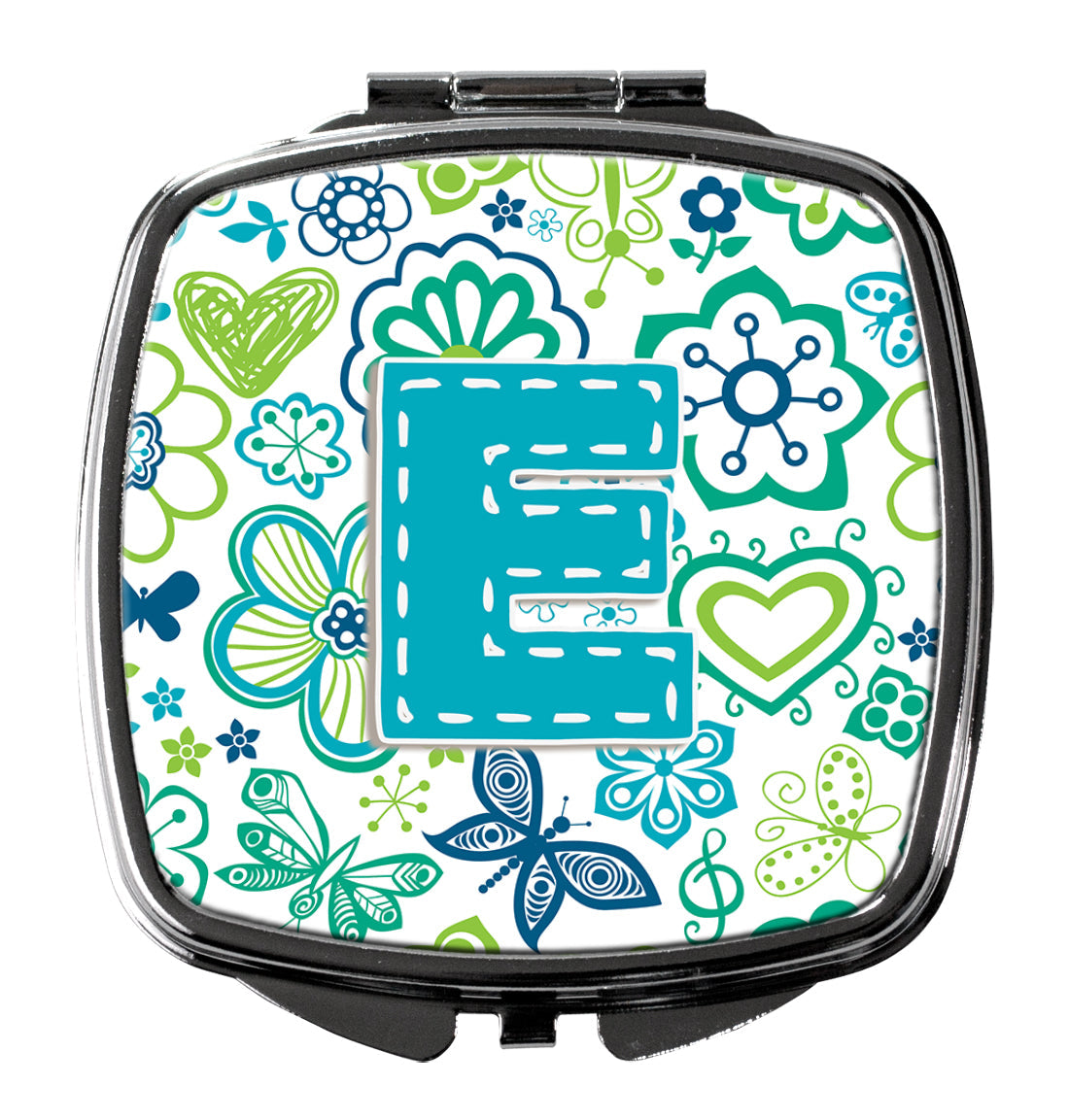 Letter E Flowers and Butterflies Teal Blue Compact Mirror Decorative Travel Makeup Mirror for Women Girls Gifts Pocket Makeup Mirror Folding Handheld