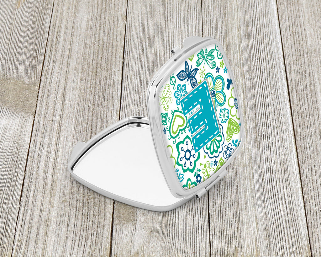 Letter E Flowers and Butterflies Teal Blue Compact Mirror Decorative Travel Makeup Mirror for Women Girls Gifts Pocket Makeup Mirror Folding Handheld