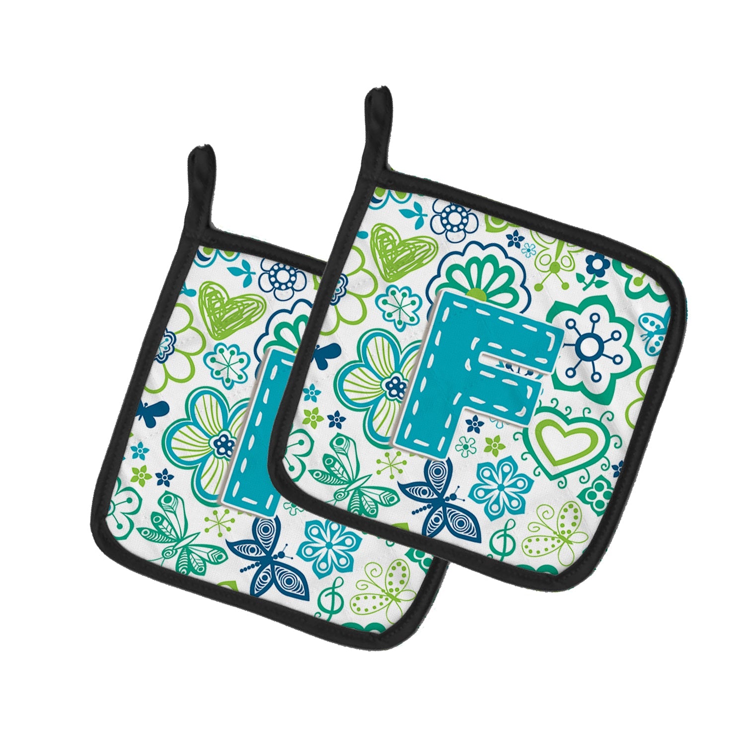 Letter F Flowers and Butterflies Teal Blue Pot Holder Set of 2 Heat Resistant Quilted Hot Pads 7.5 x 7.5 Inch, Insulated Kitchen Trivets for Cooking & Baking