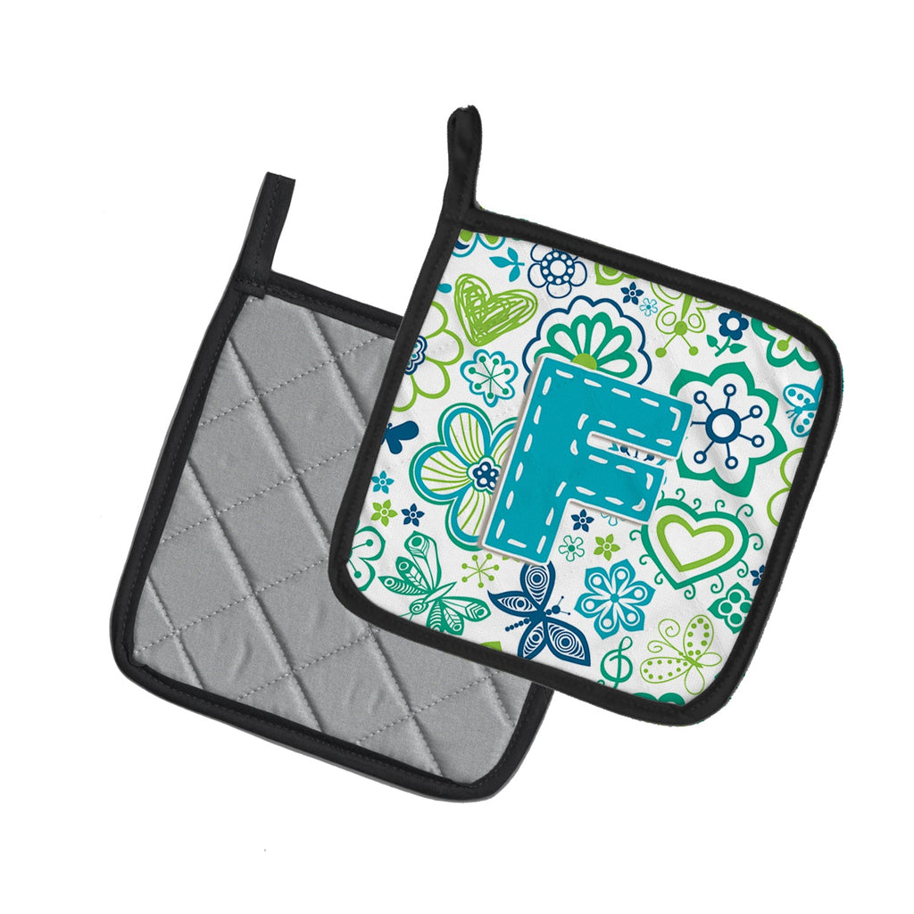 Letter F Flowers and Butterflies Teal Blue Pot Holder Set of 2 Heat Resistant Quilted Hot Pads 7.5 x 7.5 Inch, Insulated Kitchen Trivets for Cooking & Baking