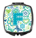 Letter F Flowers and Butterflies Teal Blue Compact Mirror Decorative Travel Makeup Mirror for Women Girls Gifts Pocket Makeup Mirror Folding Handheld