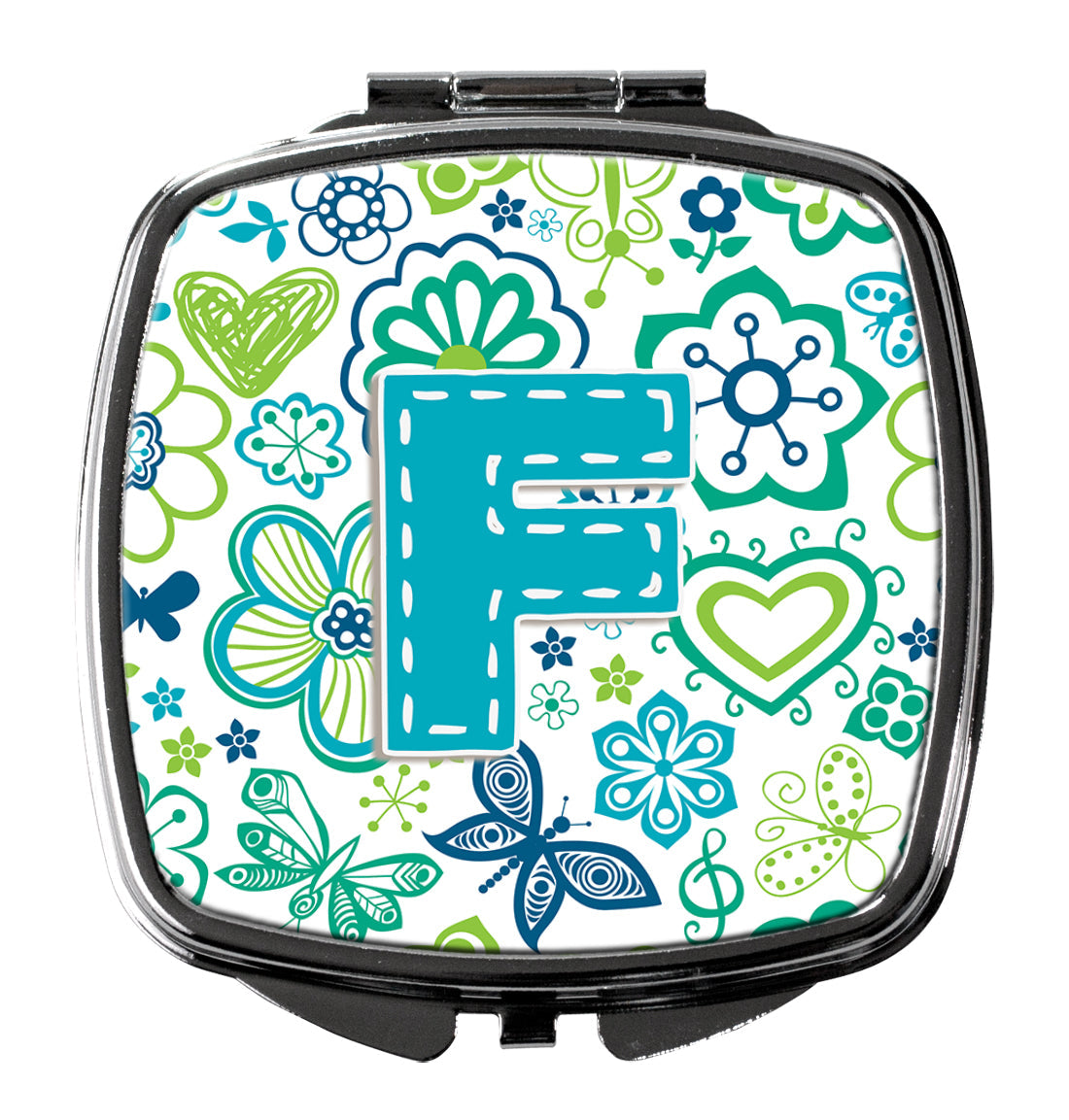 Letter F Flowers and Butterflies Teal Blue Compact Mirror Decorative Travel Makeup Mirror for Women Girls Gifts Pocket Makeup Mirror Folding Handheld