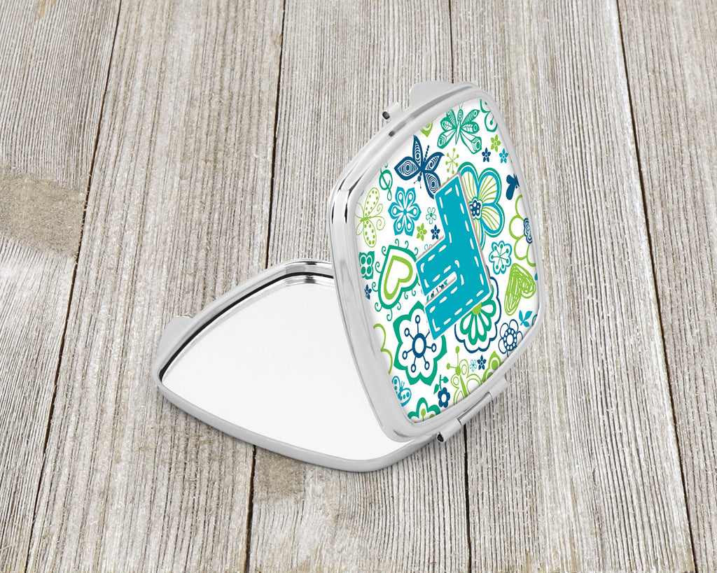 Letter F Flowers and Butterflies Teal Blue Compact Mirror Decorative Travel Makeup Mirror for Women Girls Gifts Pocket Makeup Mirror Folding Handheld