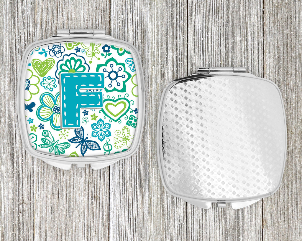 Letter F Flowers and Butterflies Teal Blue Compact Mirror Decorative Travel Makeup Mirror for Women Girls Gifts Pocket Makeup Mirror Folding Handheld