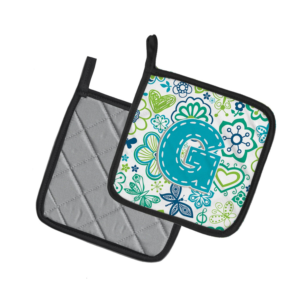 Letter G Flowers and Butterflies Teal Blue Pot Holder Set of 2 Heat Resistant Quilted Hot Pads 7.5 x 7.5 Inch, Insulated Kitchen Trivets for Cooking & Baking