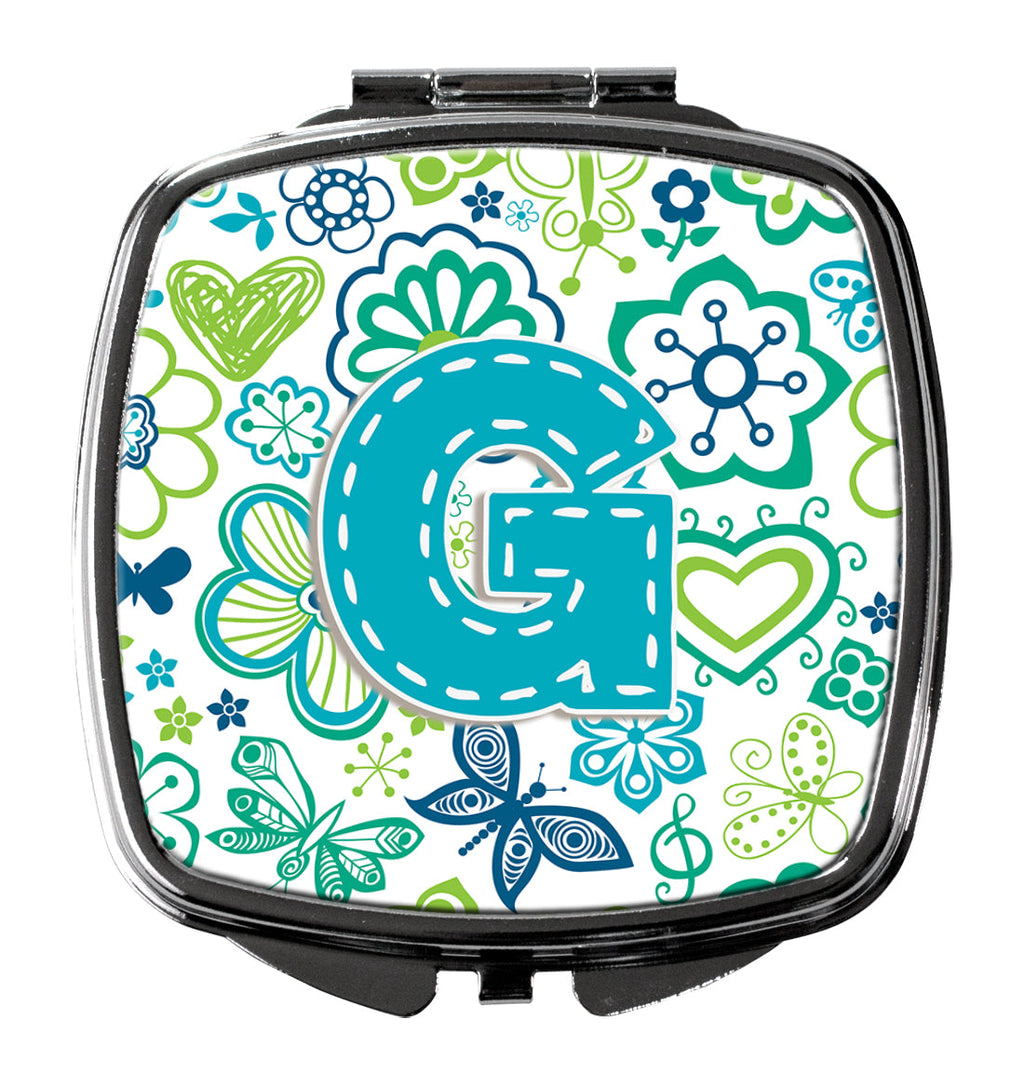 Letter G Flowers and Butterflies Teal Blue Compact Mirror Decorative Travel Makeup Mirror for Women Girls Gifts Pocket Makeup Mirror Folding Handheld