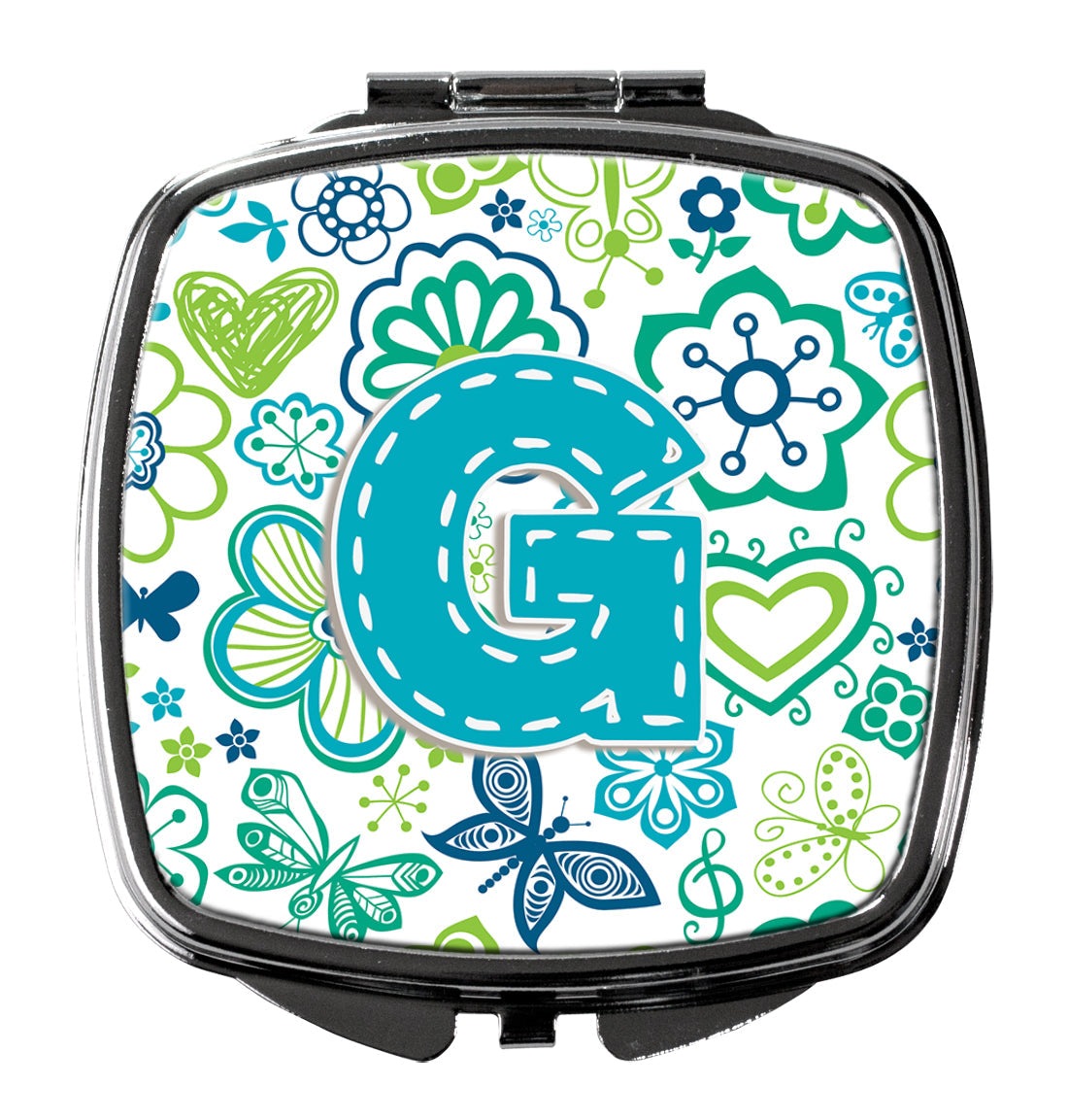 Letter G Flowers and Butterflies Teal Blue Compact Mirror Decorative Travel Makeup Mirror for Women Girls Gifts Pocket Makeup Mirror Folding Handheld