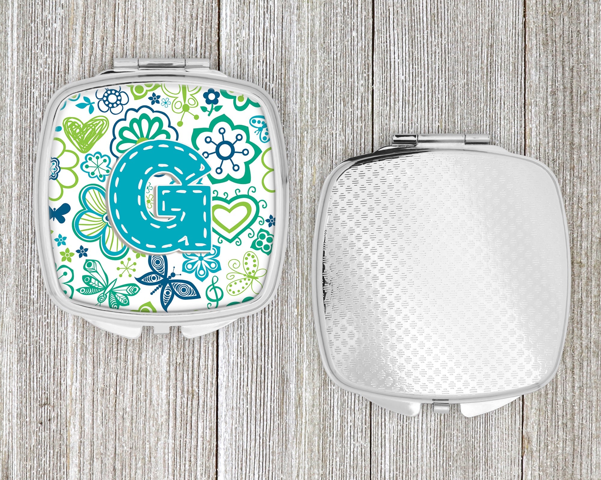 Letter G Flowers and Butterflies Teal Blue Compact Mirror Decorative Travel Makeup Mirror for Women Girls Gifts Pocket Makeup Mirror Folding Handheld