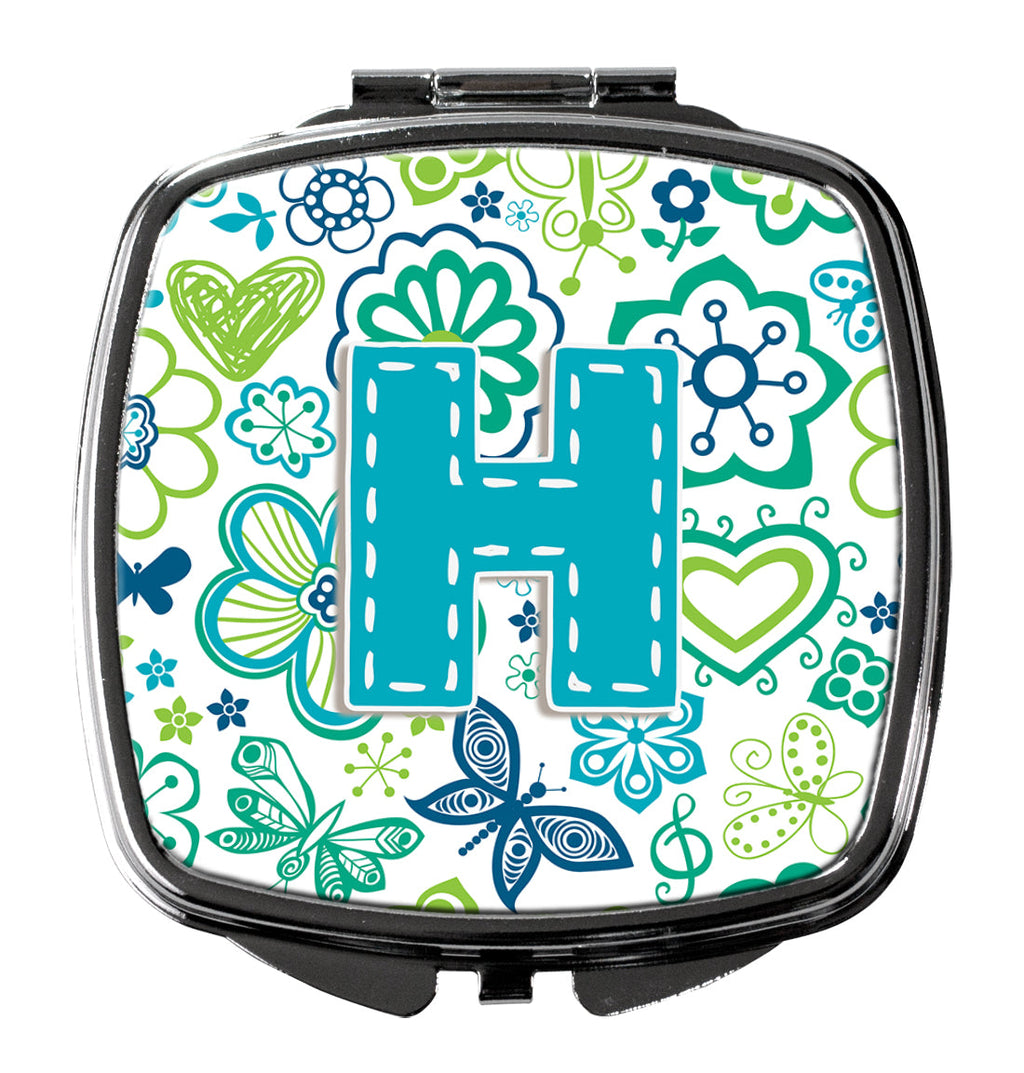 Letter H Flowers and Butterflies Teal Blue Compact Mirror Decorative Travel Makeup Mirror for Women Girls Gifts Pocket Makeup Mirror Folding Handheld