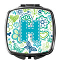 Letter H Flowers and Butterflies Teal Blue Compact Mirror Decorative Travel Makeup Mirror for Women Girls Gifts Pocket Makeup Mirror Folding Handheld